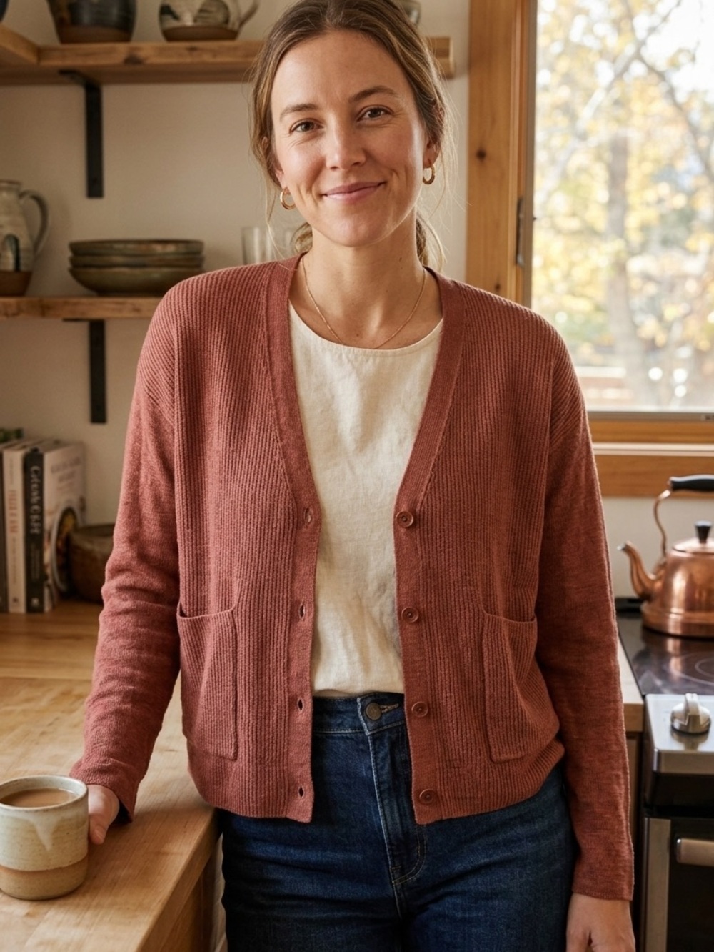 Eileen Fisher Organic Linen Cotton Boxy V-Neck Cardigan Sweater Rust Sz Large